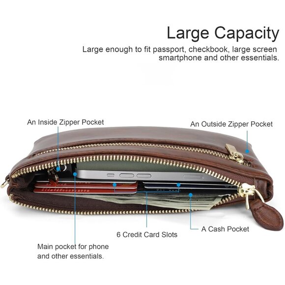 Genuine Leather Wristlet Clutch Wallet Purse Crazy Horse Leather Brown - Picture 2 of 5